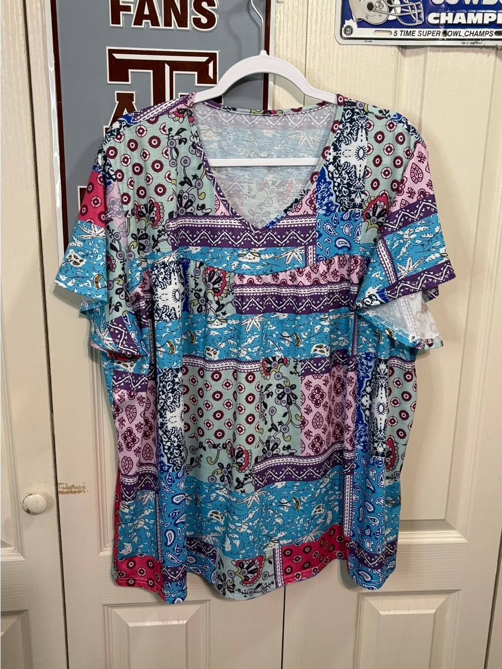 Boho Patchwork V-Neck Ruffle Sleeve Top - Multi